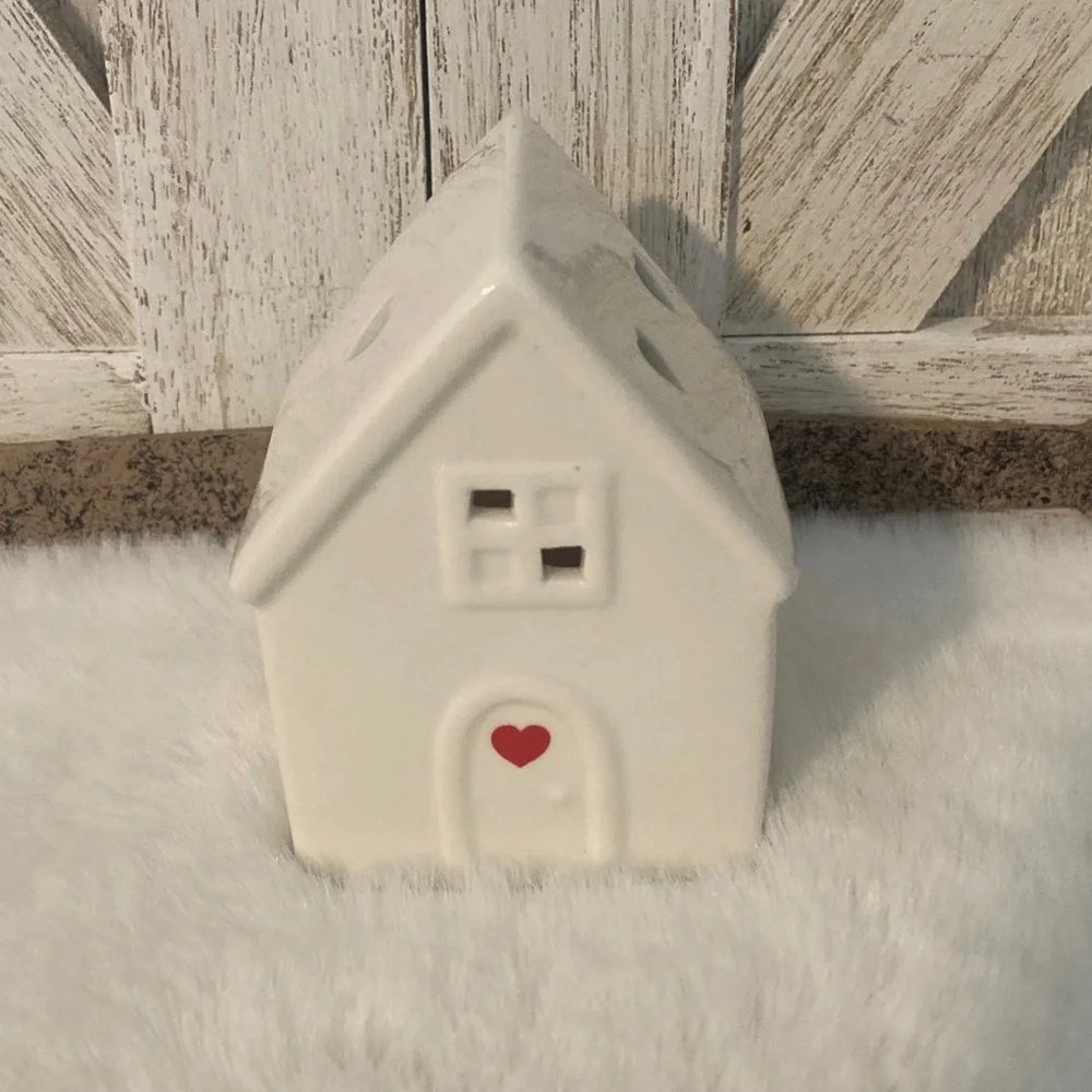 Mini Ceramic Holiday House with Heart Accent